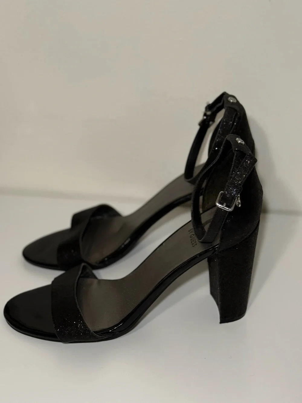 GUESS Black Ankle-Strap Glitter Block Heel Sandals
